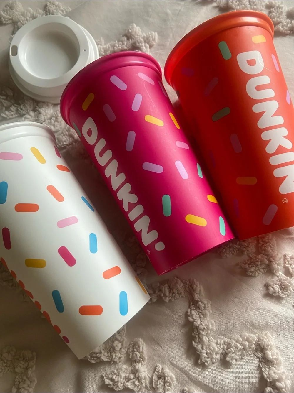 DUNKIN’ ; Reusable Coffee Tumblers - White, Pink & Orange (Set of 3)